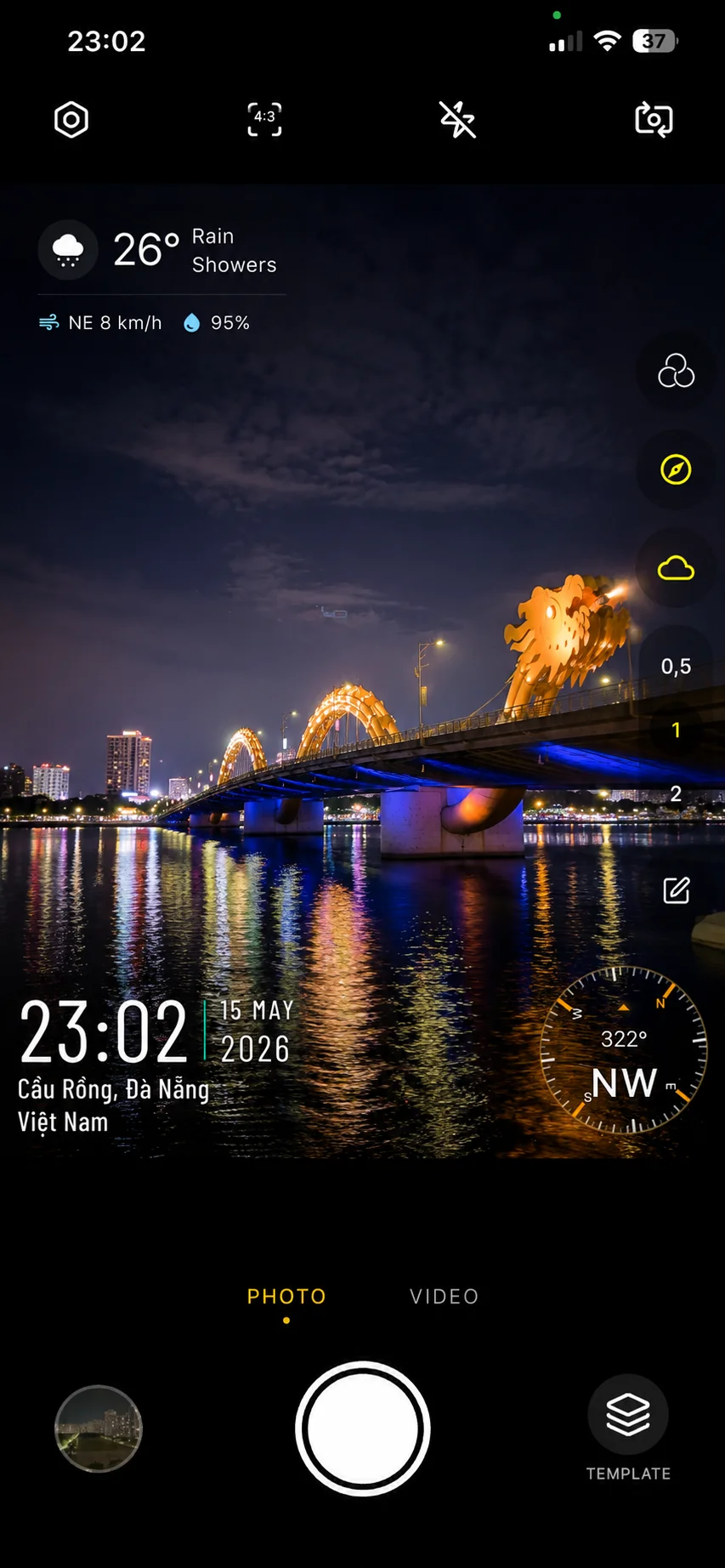 Timiora photo stamp overlay at a travel destination