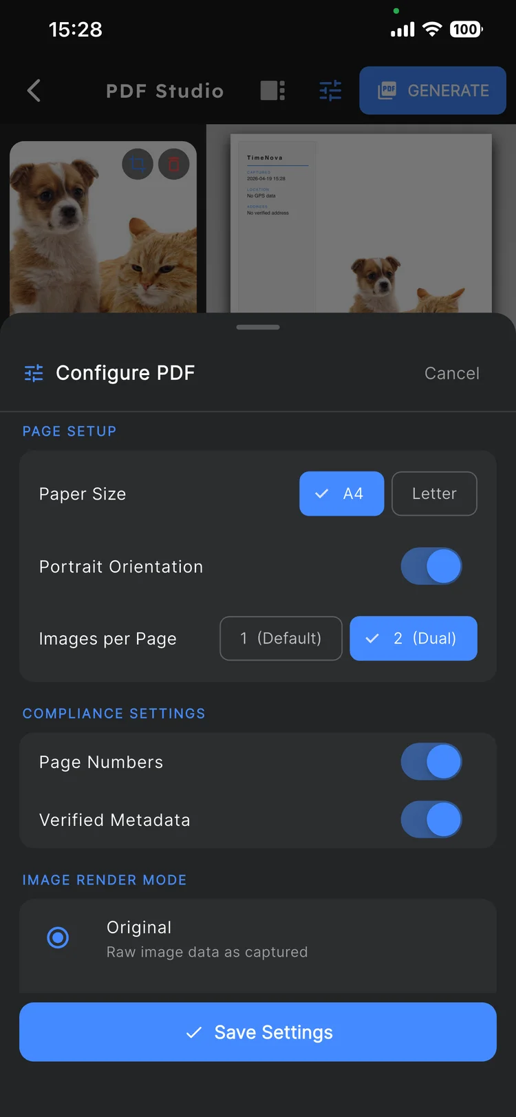 JunCam Configure PDF panel with paper size, orientation and render mode options