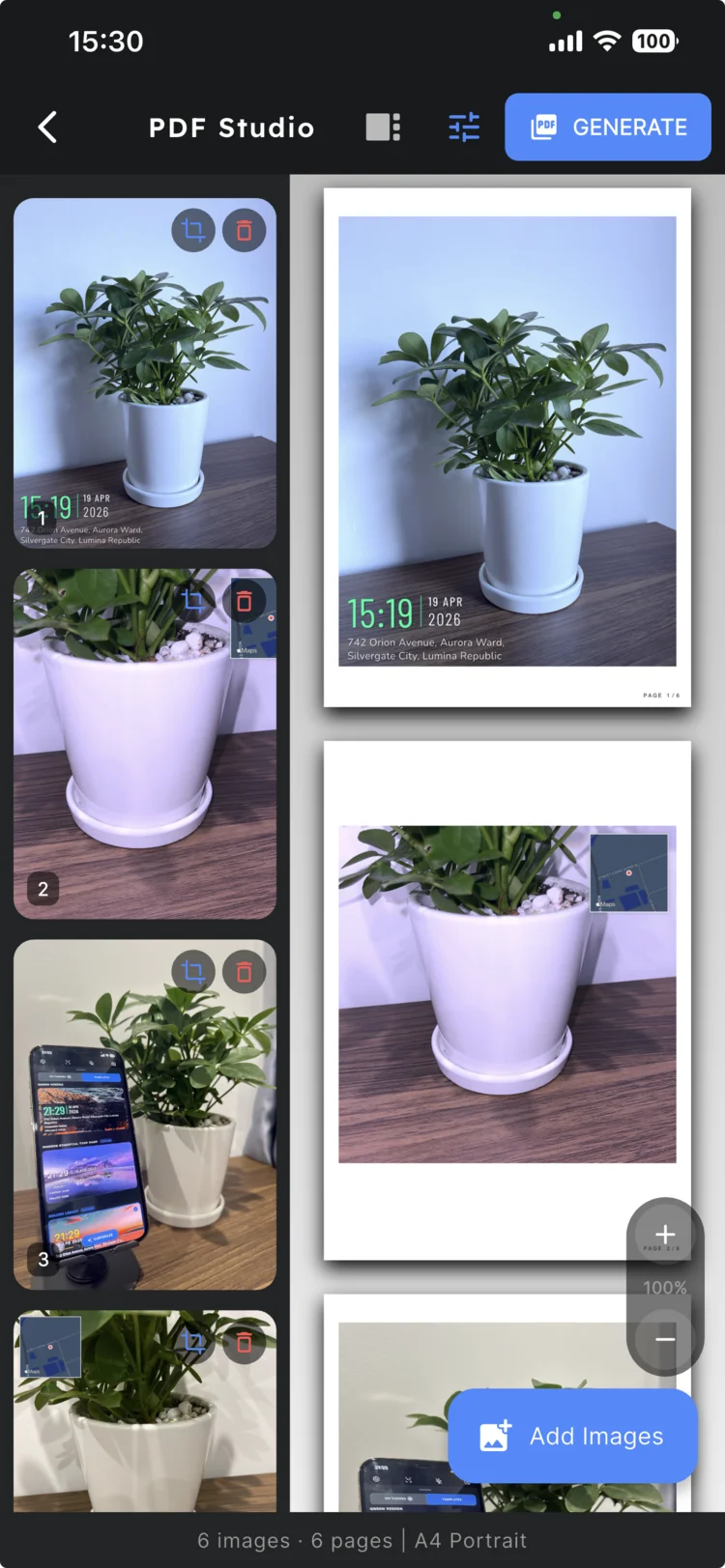 JunCam PDF Studio showing selected photos in reorderable grid