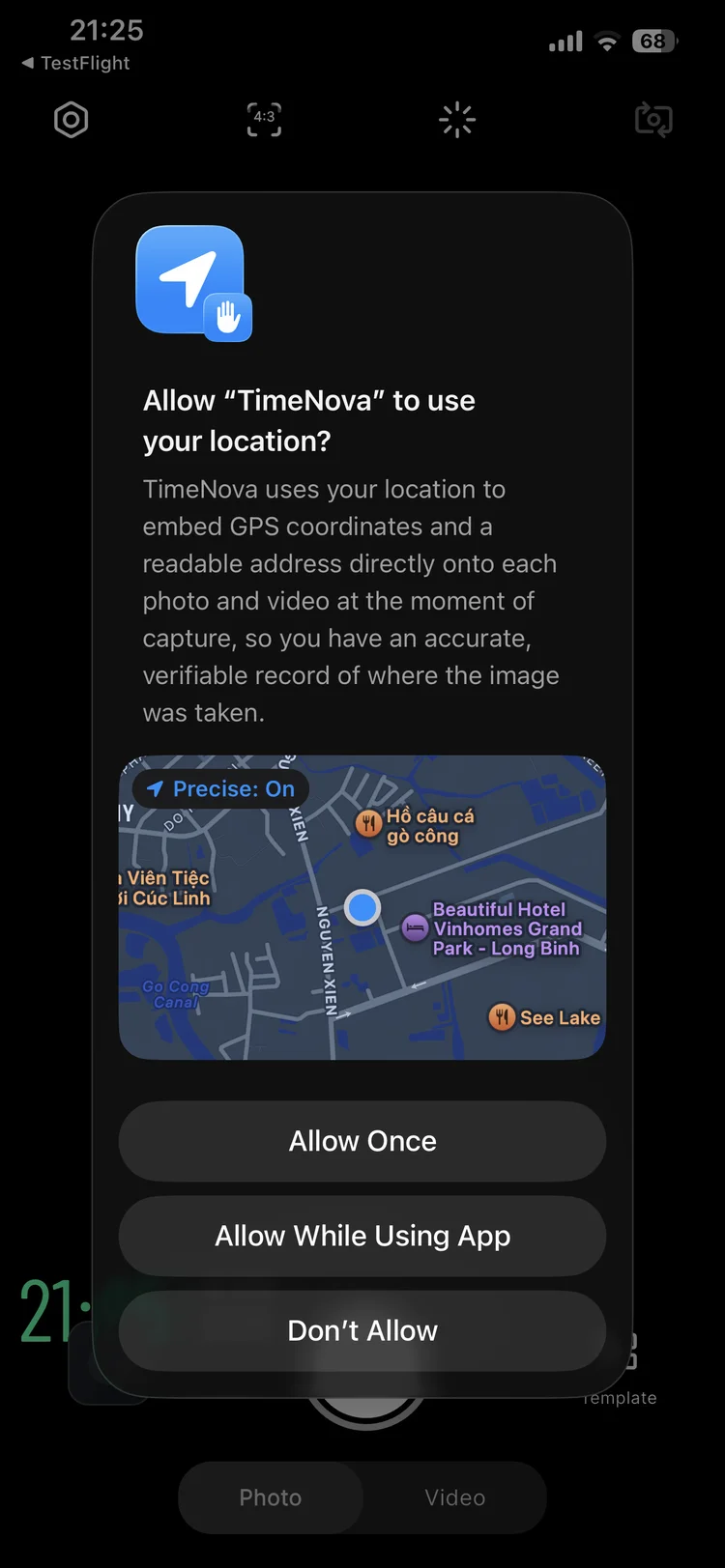 iOS system dialog asking to allow JunCam to access location