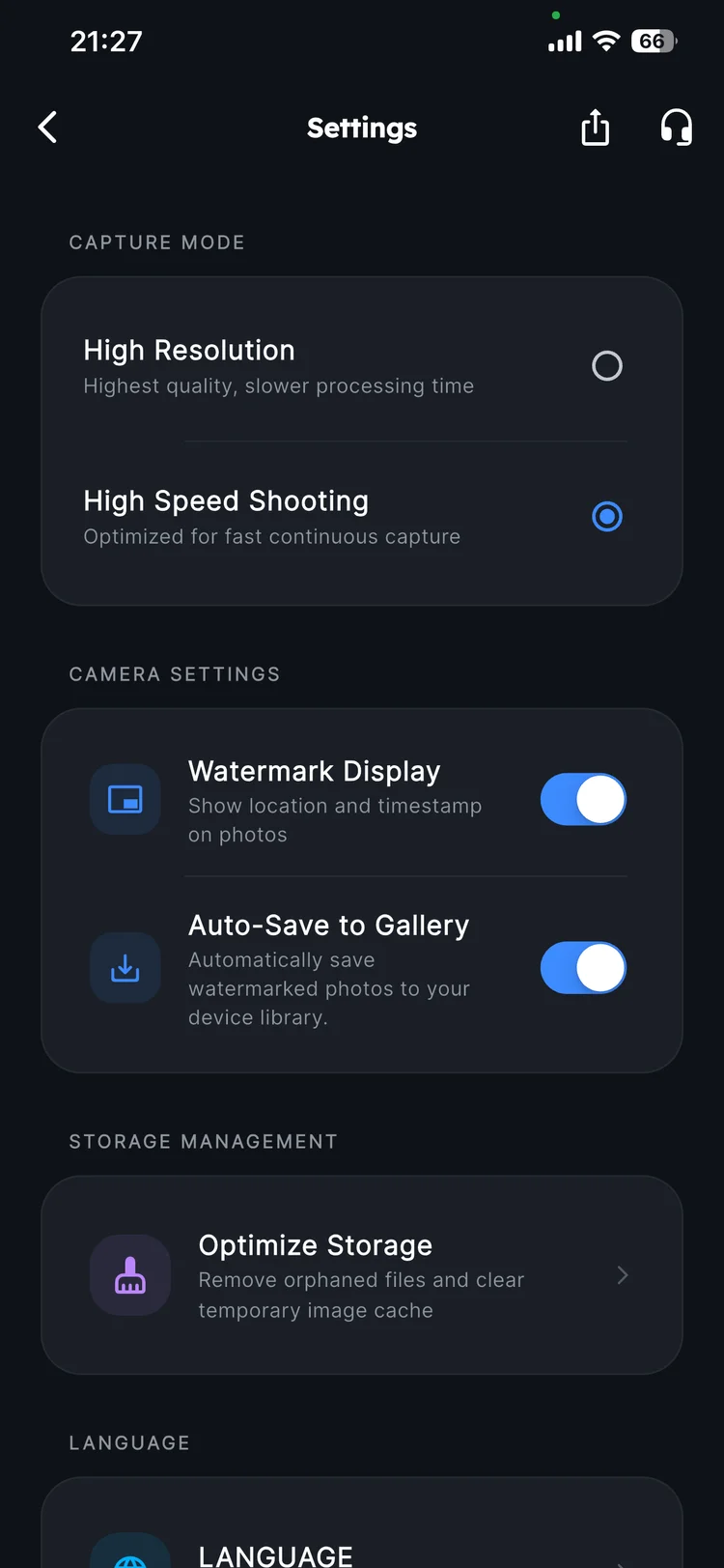 JunCam Settings screen showing Watermark Display ON, Auto-Save ON, High Resolution ON, High Speed Shooting OFF