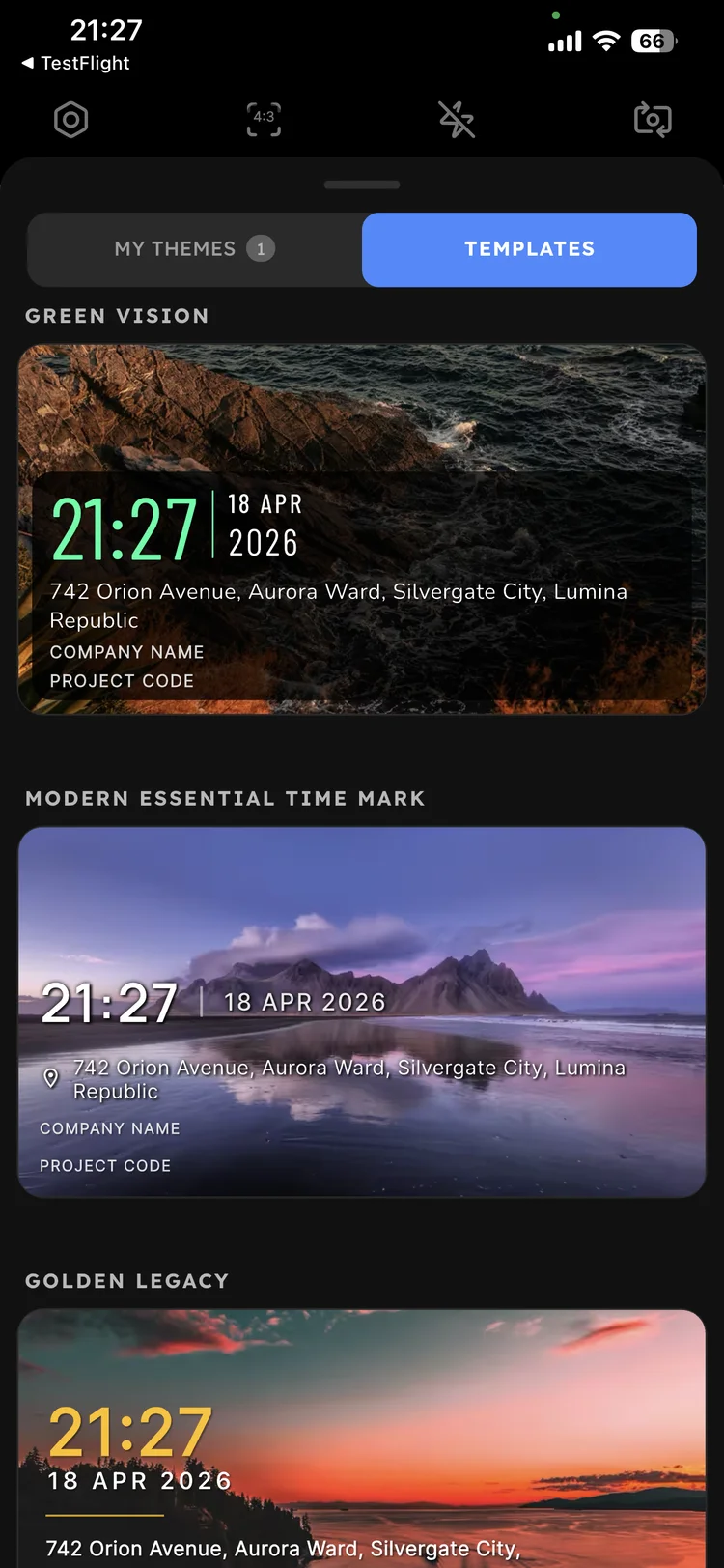 JunCam template gallery showing multiple overlay style options