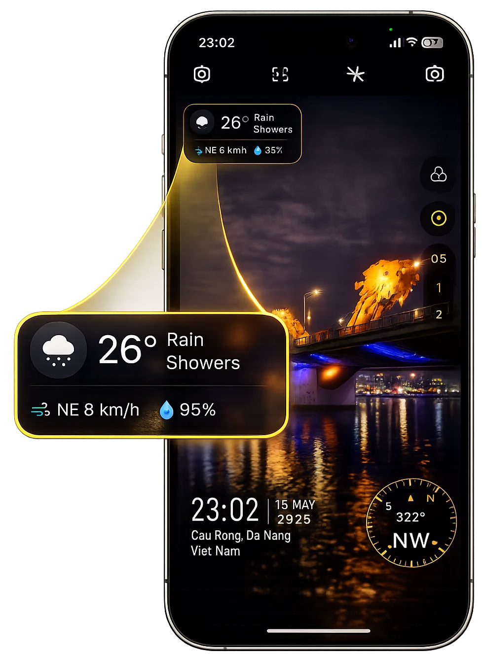 Timiora app — GPS, timestamp, and weather stamped on a photo