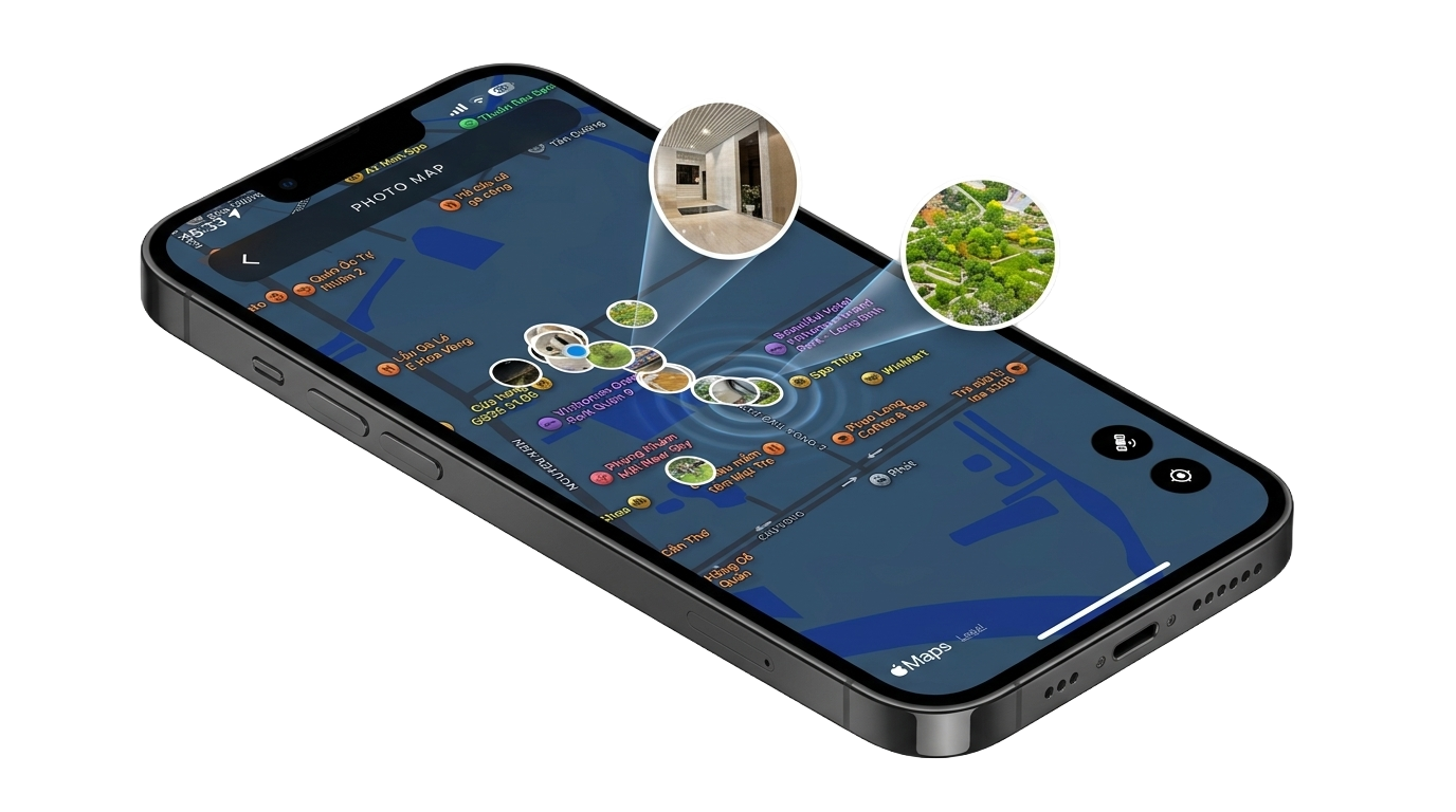 Timiora map view showing photos pinned by GPS location